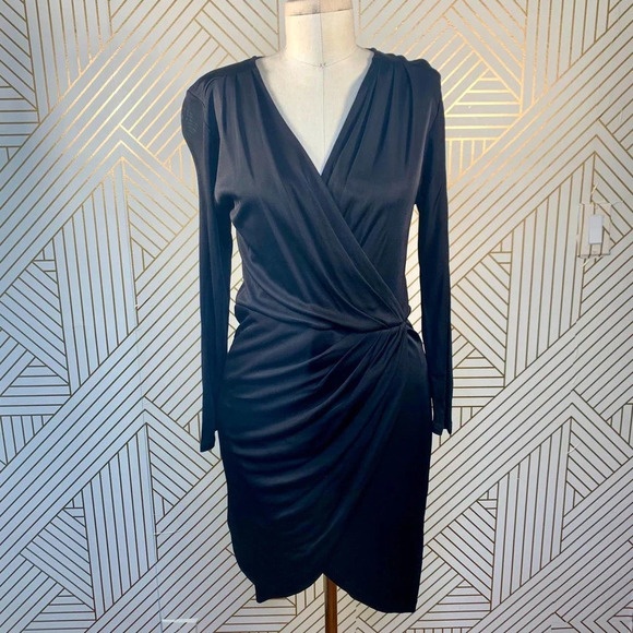 Aritzia Babaton Draped Dress Ruched Faux Wrap Long Sleeve Black Size‎ Small - Picture 2 of 11
